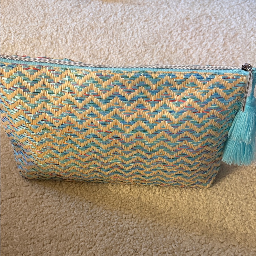 Lancôme Paris Clutch and or Makeup Bag Multi-Color Woven Straw with Tassel NWOT